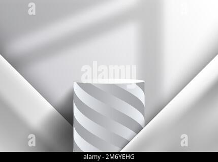 3D realistico display a forma di cilindro con piedistallo bianco e grigio con righe a spirale e finestra di illuminazione su sfondo bianco a strisce triangolari Illustrazione Vettoriale