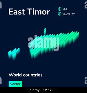 Mappa isometrica vettoriale stilizzata a strisce di Timor Est con effetto 3D. La mappa di Timor Est è di colore verde neon e menta sullo sfondo blu scuro Illustrazione Vettoriale