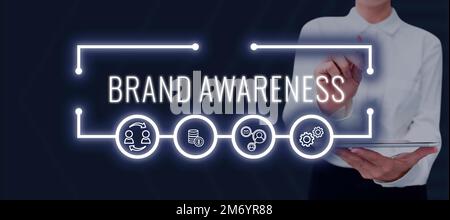 Esposizione concettuale consapevolezza del marchio. Il nome di approccio di affari identifica un bene del venditore come distinto da quelli di altro venditore Foto Stock