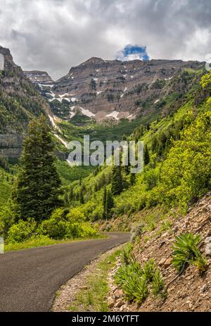 Roberts Horn sopra il Cirque Primrose, la cima del monte Timpanogos sulla sinistra, la catena montuosa, dalla Alpine Scenic Highway (Utah 92), dalla Uinta Natl Forest, Utah, USA Foto Stock