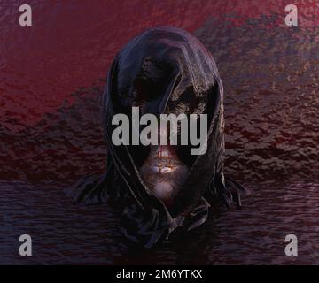 Abstract 3D rappresentazione di una testa umana metallica bianca coperta in acqua rossa Foto Stock