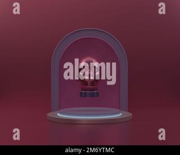 rendering 3d. testa umana magenta metallica sui podi dei cilindri Foto Stock