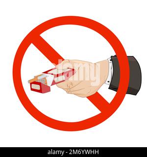 Mano con scatola di sigaretta in rosso divieto sign.No fumo, anti tabacco concept.Quit cattivo abitudine.rifiuto sigaretta offerta! Icona di arresto fumo.illustrazione vettoriale Illustrazione Vettoriale