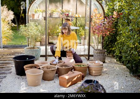 Donna che piantano fiori in brocche in giardino Foto Stock