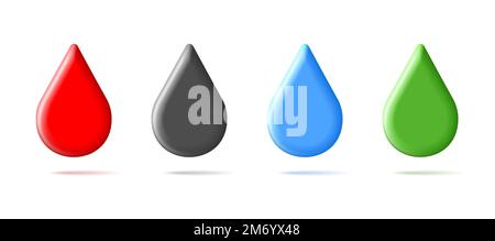 3d icone di gocce, forme di volume lucido in diversi colori come sangue d'acqua e olio e verde ecologico, isolato Illustrazione Vettoriale