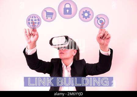 Didascalia concettuale link Building. Parola per SEO link di scambio termine acquisire hyperlink indicizzati Foto Stock