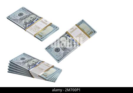 100 US Dollar banconote pacchetti isolati su sfondo bianco. Denaro americano, pile di dollari fresco primo piano elemento di design. Successo, investimento Foto Stock