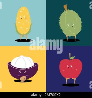 Set vettoriale di personaggi di cartoni animati di frutta tropicale Illustrazione Vettoriale