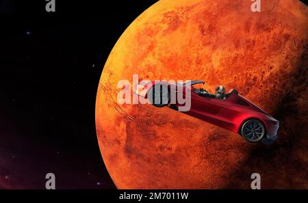 12 aprile 1969, Cosmonautics Day Concept con auto sportiva rossa, autista astronauta in tuta spaziale sullo sfondo del pianeta Marte. Giornata internazionale Foto Stock