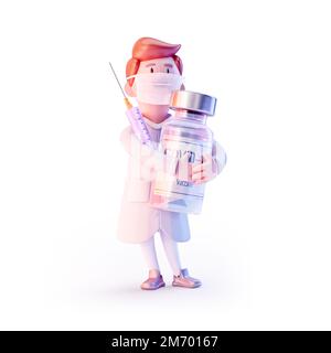 3D personaggio cartoon medico indossando maschera medica, tenendo covid-19 flaconcino di vaccino, siringa. Medico personale medico 3D clip arte illustrazione isolato. Cor Foto Stock