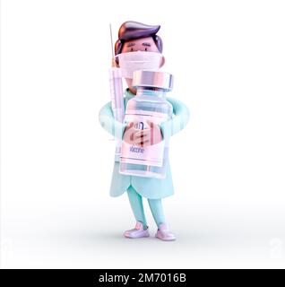 Medico 3D clip art illustrazione isolato. 3D personaggio cartoon medico maschile indossa uniforme, cappotto medico, maschera, tenendo covid-19 flaconcino di vaccino, Foto Stock