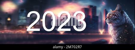 Il gatto è il simbolo dell'anno 2023 al momento del nuovo anno sullo sfondo della città con grattacieli e fuochi d'artificio che sono Foto Stock
