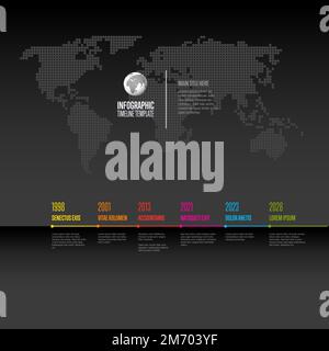 Modello di cronologia di avanzamento orizzontale scuro vettoriale con fasi cardine di sei anni con descrizioni. Linea temporale colorata e scura con titoli a colori sulla p Illustrazione Vettoriale