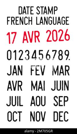 Illustrazione vettoriale dei timbri delle date modificabili in lingua francese (giorni, mesi, anni) Illustrazione Vettoriale