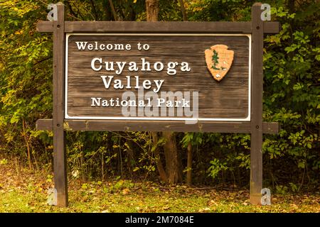 Cartello d'ingresso per il parco nazionale della valle di Cuyahoga, Ohio Foto Stock