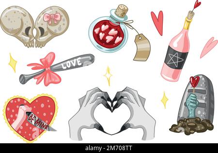 Set Creepy Valentine clipart, Spooky Valentine, pastello Goth adesivi digitali, alternativa San Valentino vettore giorno EPS10 Illustrazione Vettoriale