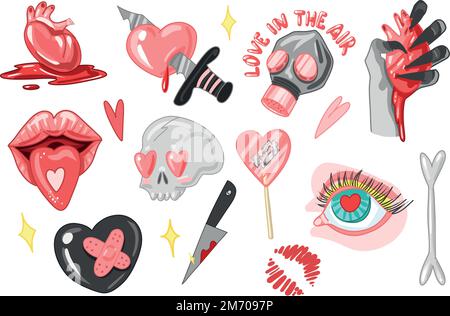 Set Creepy Valentine clipart, Spooky Valentine, pastello Goth adesivi digitali, alternativa San Valentino vettore giorno EPS10 Illustrazione Vettoriale