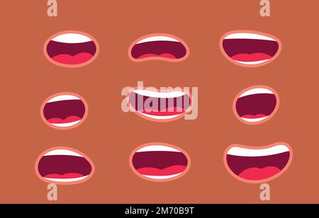 Grande set di animazione divertenti bocche di cartone animato con espressioni ed emozioni diverse: Sorriso, arrabbiato, ridere, sorpreso. Illustrazione del vettore piatto Illustrazione Vettoriale