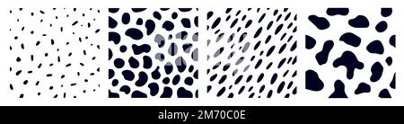 Set di motivi animali per il disegno tessile. Modello senza cuciture di macchia dalmata o vacca. Texture naturali. Illustrazione Vettoriale