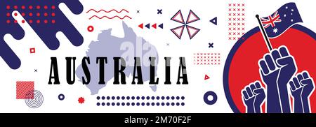 Bandiera nazionale australiana per la giornata dell'indipendenza con design moderno astratto. Australiano, mappa, pugni in rilievo e arte geometrica in tema di colore bandiera. Illustrazione Vettoriale