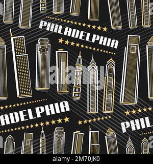 Vector Philadelphia Seamless Pattern, sfondo ripetuto con illustrazione del famoso paesaggio cittadino di philadelphia su sfondo scuro per carta da imballaggio, lin Illustrazione Vettoriale