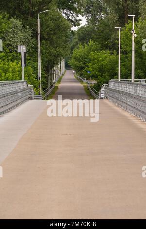 Ponte sul fiume tra alberi verdi in una giornata nuvolosa estiva. Fiume. Foto Stock