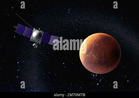 MAVEN - sonda spaziale progettata per studiare l'atmosfera marziana mentre orbita Marte - rendering 3D - elementi di questa immagine fornita dalla NASA. Foto Stock