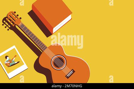 Illustrazione vettoriale di una chitarra e di altri elementi su sfondo giallo. Illustrazione minimalistica in colori alla moda. Concetto musicale o ricordi Illustrazione Vettoriale