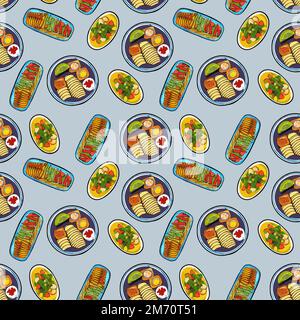 Cartone animato carino mano disegnata italiana cibo modello senza soluzione di continuità. Colorato con un sacco di oggetti di sfondo. Illustrazione vettoriale divertente e infinita Illustrazione Vettoriale