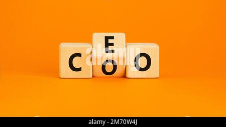 CEO o simbolo COO. Concetto parola CEO Chief Executive Officer o COO Chieve Operating Officer su cubi di legno. Bella tavola arancione sfondo arancione. Foto Stock