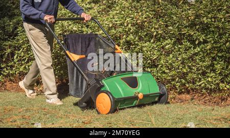 Uomo che utilizza la spazzatrice manuale per rimuovere le foglie cadute dal prato erboso del cortile residenziale. Foto Stock