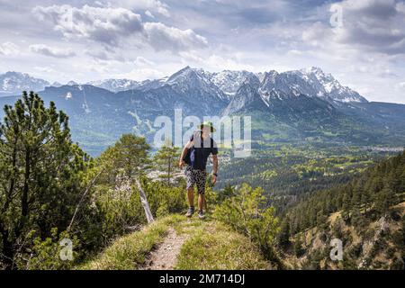 Escursionista su sentiero escursionistico, Zugspitzmassiv sul retro, Garmisch-Patenkirchen, Baviera, Germania Foto Stock