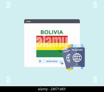 Servizio di prenotazione online sul sito web del browser, viaggio, pianificazione di viaggio paese Bolivia bandiera nazionale logo design. Prenotazione online di biglietti aerei. Illustrazione Vettoriale