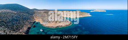 Veduta aerea, Isola di Amorgos, Isola delle Cicladi, Mar Egeo, Grecia Foto Stock