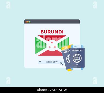 Servizio di prenotazione online sul sito web del browser, viaggio, pianificazione di viaggio paese Burundi bandiera nazionale. Prenotazione online di biglietti aerei. Illustrazione Vettoriale