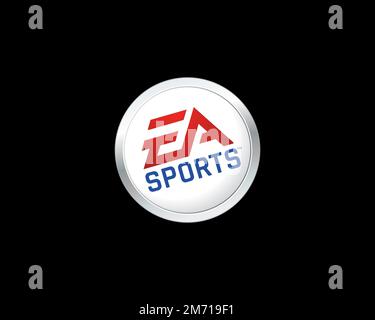 EA Sports, logo ruotato, sfondo nero Foto Stock