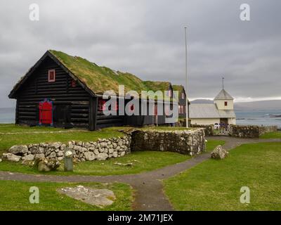 Casa colonica Roykstovan risalente al 11th ° secolo, Kirkjubøur Foto Stock