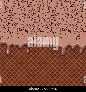 Gelato al cioccolato fuso su fondo waffle. Gelato al cioccolato fuso con caramelle al cioccolato. Illustrazione vettoriale Illustrazione Vettoriale