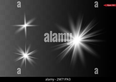 effetti luminosi isolati su sfondo grigio. Flash sole con raggi e faretto. Effetto luce incandescente. Stella scoppiata con scintille. Illustrazione Vettoriale