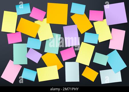 Pubblica il disegno vettoriale multicolore su sfondo scuro, adesivi realistici in carta bianca di diverse dimensioni e forme. È possibile utilizzare per le presentazioni layo Illustrazione Vettoriale