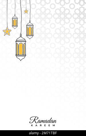 Biglietto d'auguri Ramadan o sfondo banner. Lanterne, luna e stelle disegnate a mano. Ramadan Kareem decorazione disegnata a mano sfondo. Disegno vettoriale per mu Illustrazione Vettoriale