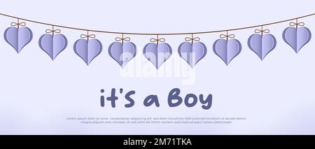È un ragazzo. Biglietto d'auguri di benvenuto per il parto con cuori appesi. Illustrazione vettoriale Illustrazione Vettoriale