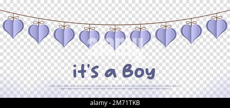 È un ragazzo. Biglietto d'auguri di benvenuto per il parto con cuori appesi. Illustrazione vettoriale Illustrazione Vettoriale