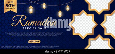 Vendita speciale Ramadan. Vendita modello di banner ornamento islamico Lanterna. Adatto per post sui social media e header Web. Illustrazione vettoriale Illustrazione Vettoriale