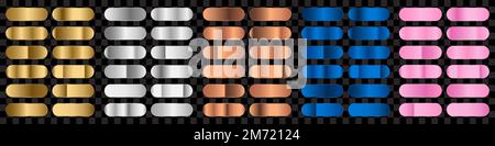 Set gradiente metallico. Collezione colorata oro, argento, bronzo. Modello sfondo sfumatura. Elegante sfumatura metallica. Oro rosa lucido, argento e bro Illustrazione Vettoriale