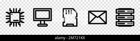 Collezione Linear Icons of Technology. Serie di icone tecnologiche. Icone Web del dispositivo e della tecnologia in stile linea. Chip, monitor del computer, archiviazione, e-mail, Illustrazione Vettoriale