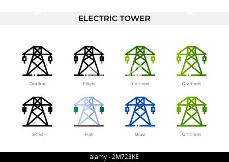 Icona della torre elettrica in stile diverso. Icone vettoriali di torri elettriche disegnate in contorni, piene, colorate, riempite, sfumate, e stile piatto. Simbolo, registro Illustrazione Vettoriale