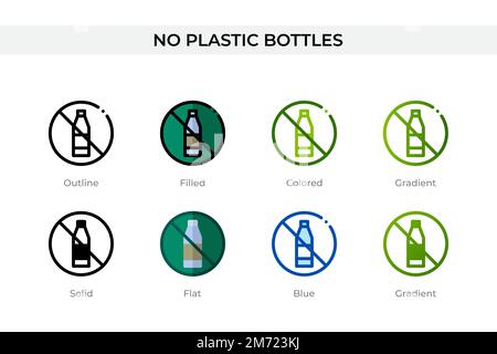 Nessuna icona di bottiglie di plastica in stile diverso. Nessuna bottiglia di plastica icone vettoriali progettate in forma di contorno, pieno, colorato, riempito, sfumato, e stile piatto. Sim Illustrazione Vettoriale