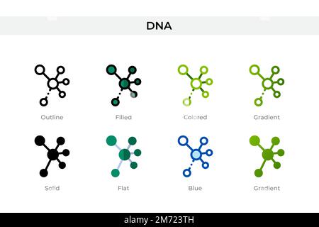 Icona del DNA in stile diverso. Icone vettoriali del DNA disegnate in contorni, piene, colorate, riempite, gradienti, e stile piatto. Simbolo, illustrazione del logo. Vettore Illustrazione Vettoriale