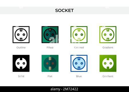 Icona socket in stile diverso. Icone vettoriali socket progettate in contorni, piene, colorate, riempite, sfumate, e stile piatto. Simbolo, illustrazione del logo. Illustrazione Vettoriale